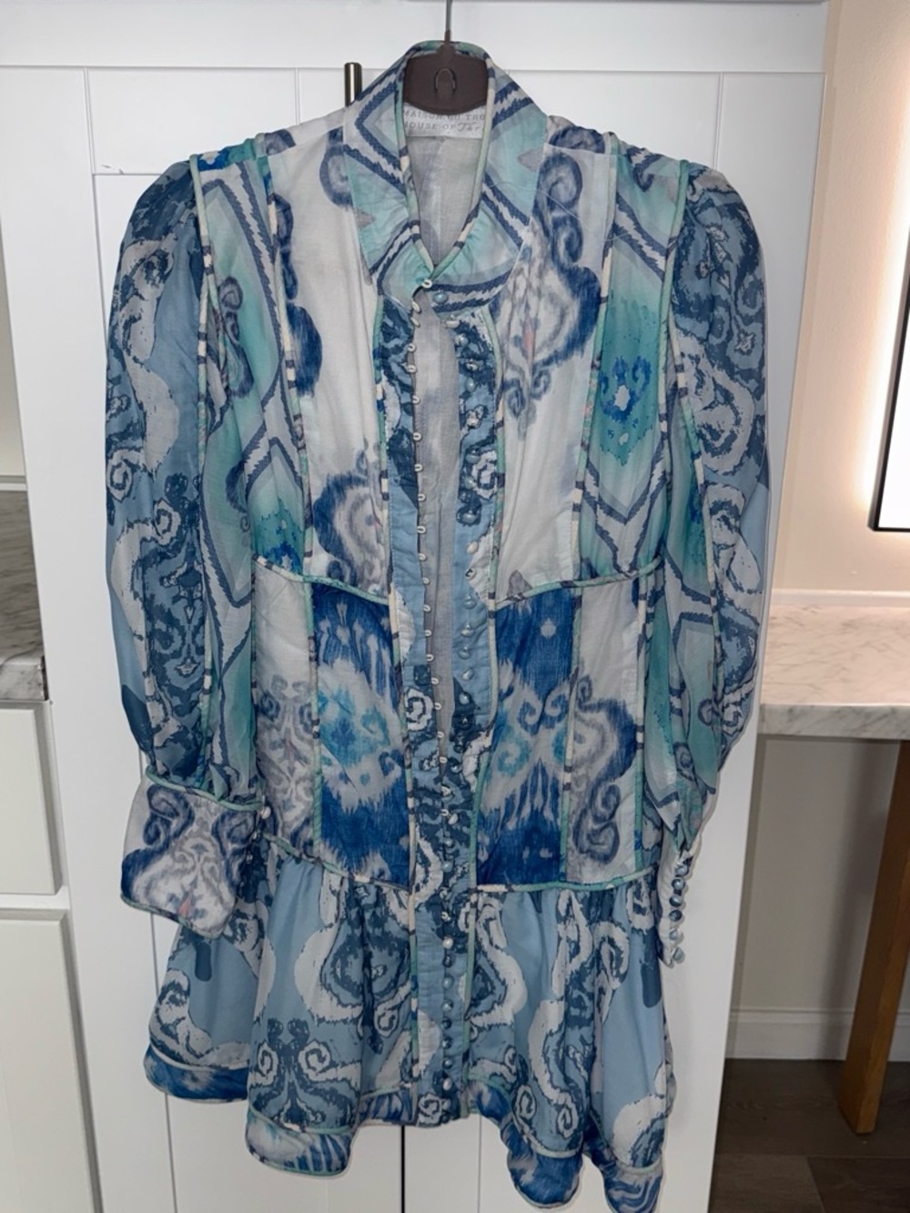 Source Unknown Blue & Aqua Printed Peasant Blouse